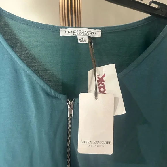 Green Envelope Los Angeles Work Top โ Womenโs Medium NWT Teal Zip Front Blouse - Picture 4 of 5